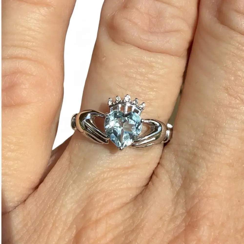 Blue Topaz Diamond Claddagh Ring 925 Sterling Silver Size 7 Love Loyalty Crown